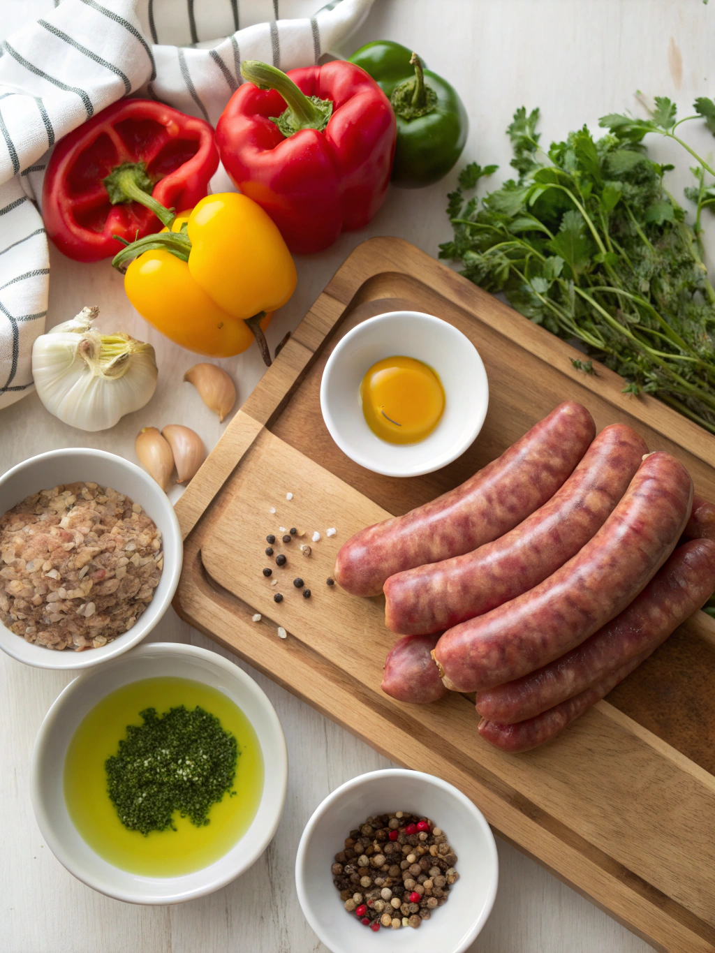 Ingrédients frais pour préparer saucisse poivron oignon