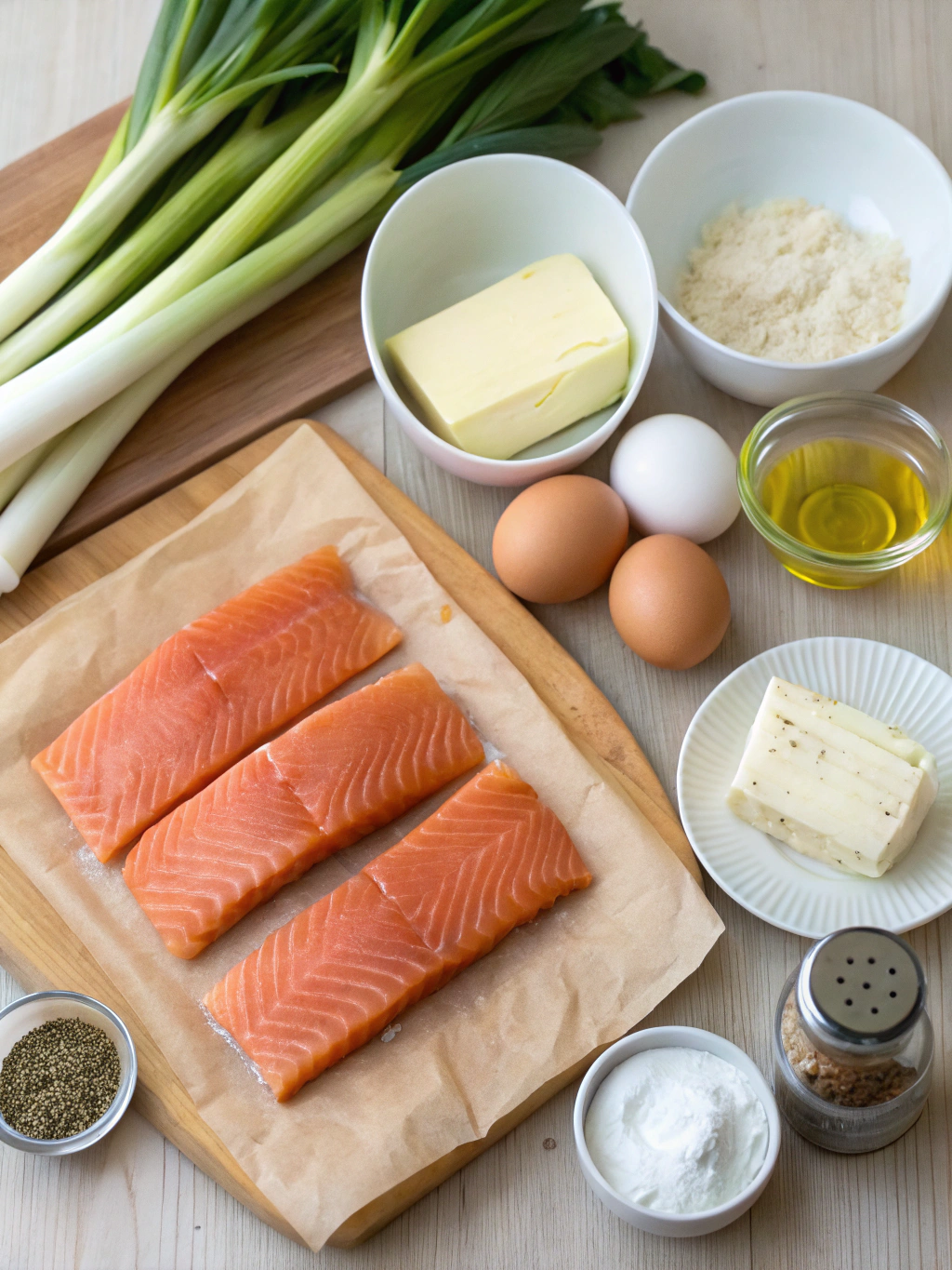 Ingrédients frais pour préparer une tourte saumon poireau maison