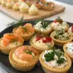 Ces bouchées apéro froides au saumon fumé et fromage de chèvre sont servies sur des rondelles de concombre pour un apéritif frais et raffiné.