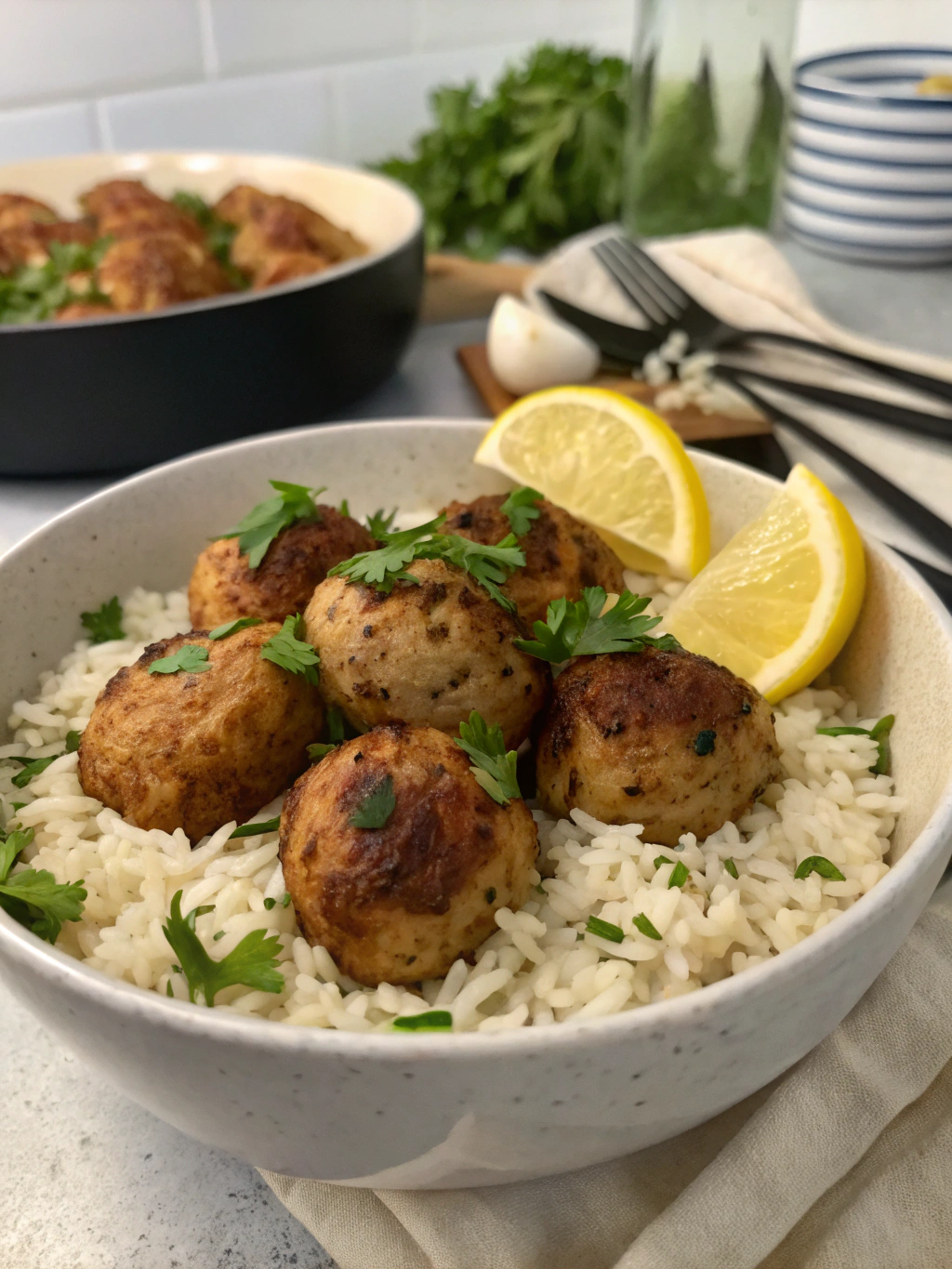 Des boulettes poulet riz moelleuses, dorées à la poêle, parfaites avec une sauce tomate maison pour un repas simple et savoureux.
