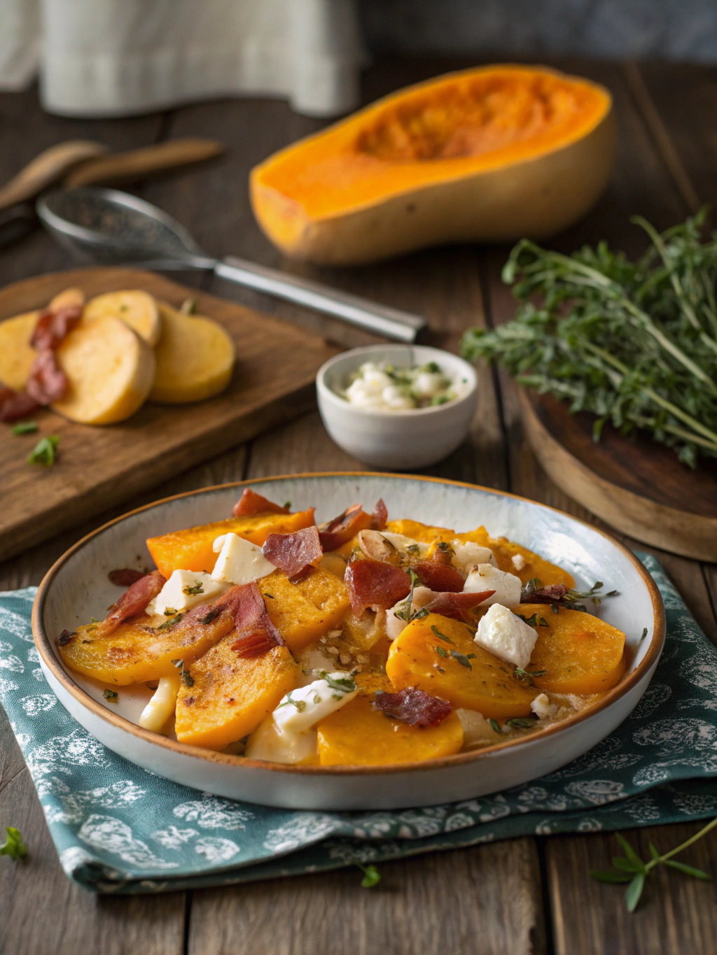 Savourez cette butternut tartiflette gratinée au four, où la courge fondante et le reblochon créent un plat réconfortant et généreux.