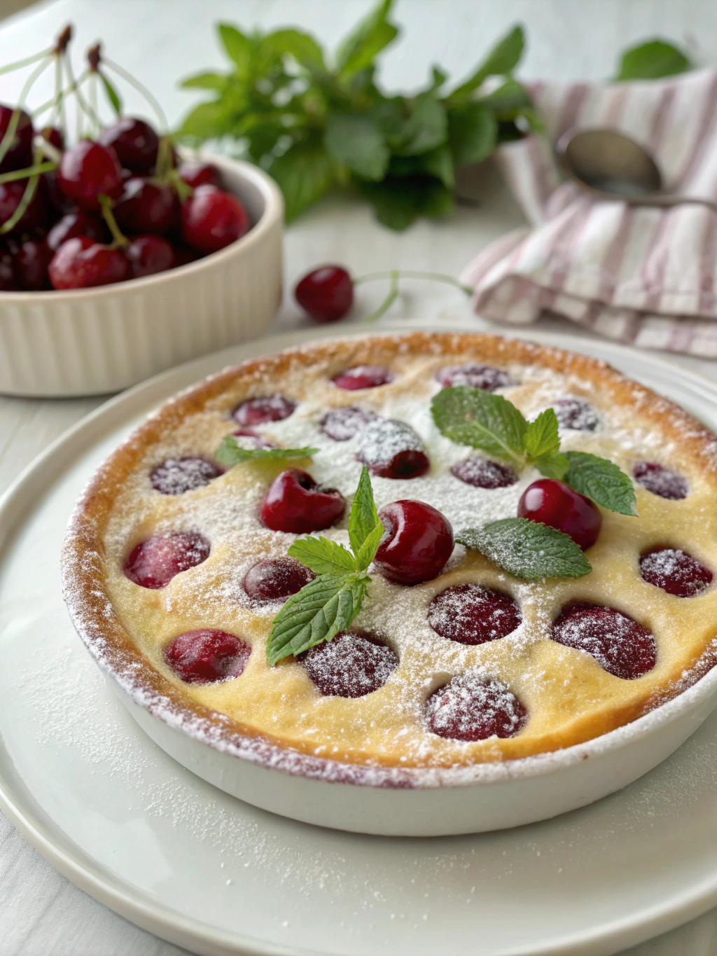 Savourez un clafoutis cerise diabetique léger, aux cerises noires fraîches et vanille, gratiné au four pour un dessert gourmand et sain.