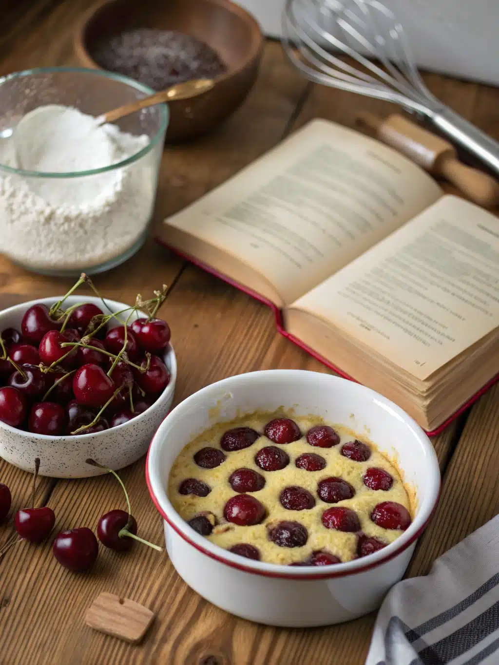 Savourez un clafoutis sans sucre aux cerises fraîches, doré au four et délicieusement parfumé à la vanille pour un dessert léger et gourmand.