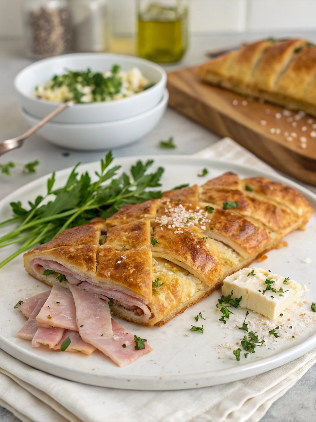 Découvrez notre feuilleté jambon fromage à l’emmental râpé, gratiné au four pour un résultat croustillant et fondant à souhait.