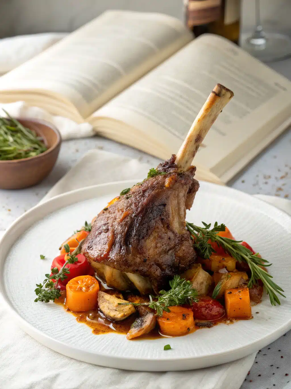 Jarret agneau rôti mijoté avec carottes fondantes et aromates, servi bien chaud pour un plat généreux et réconfortant.