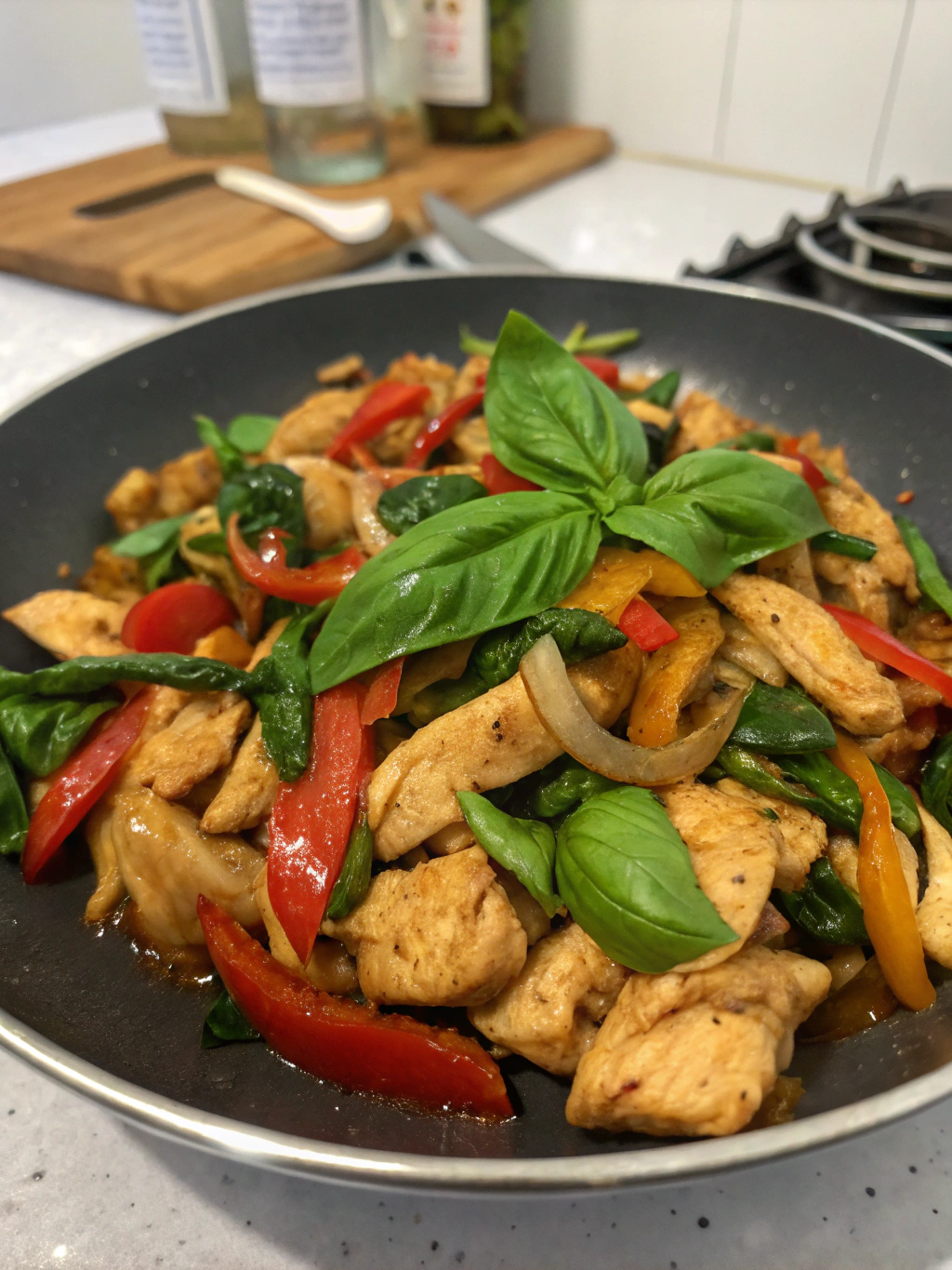 Savourez ce poulet thai basilic sauté avec ail et piment, enveloppé d'une sauce parfumée et servi avec du riz jasmin bien chaud.