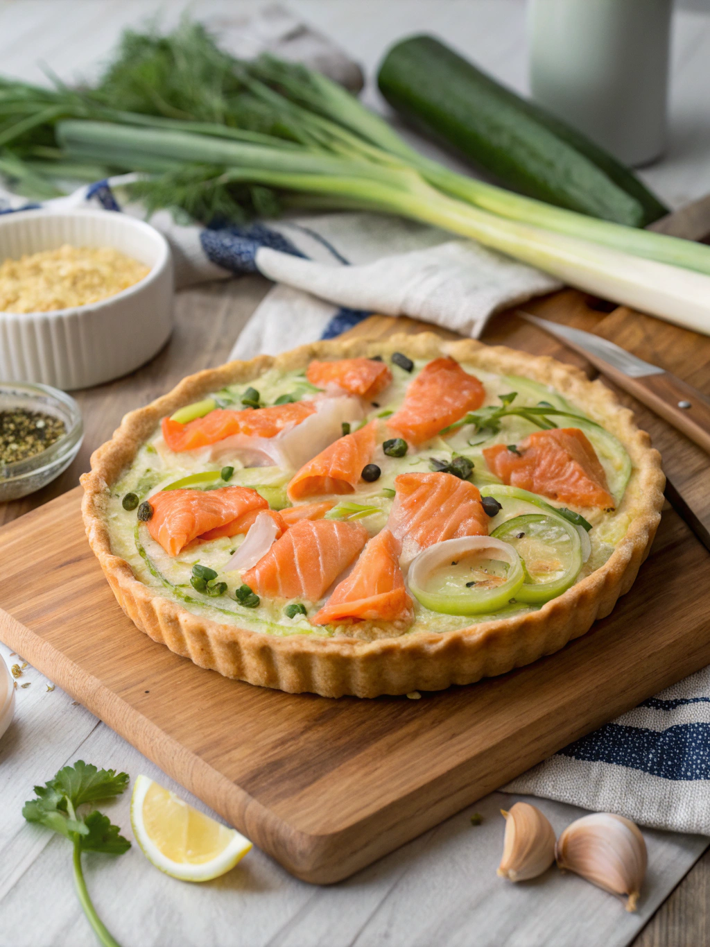 Cette tourte poireau saumon marie le fondant des poireaux à des morceaux de saumon moelleux, le tout gratiné au four dans une pâte feuilletée dorée.
