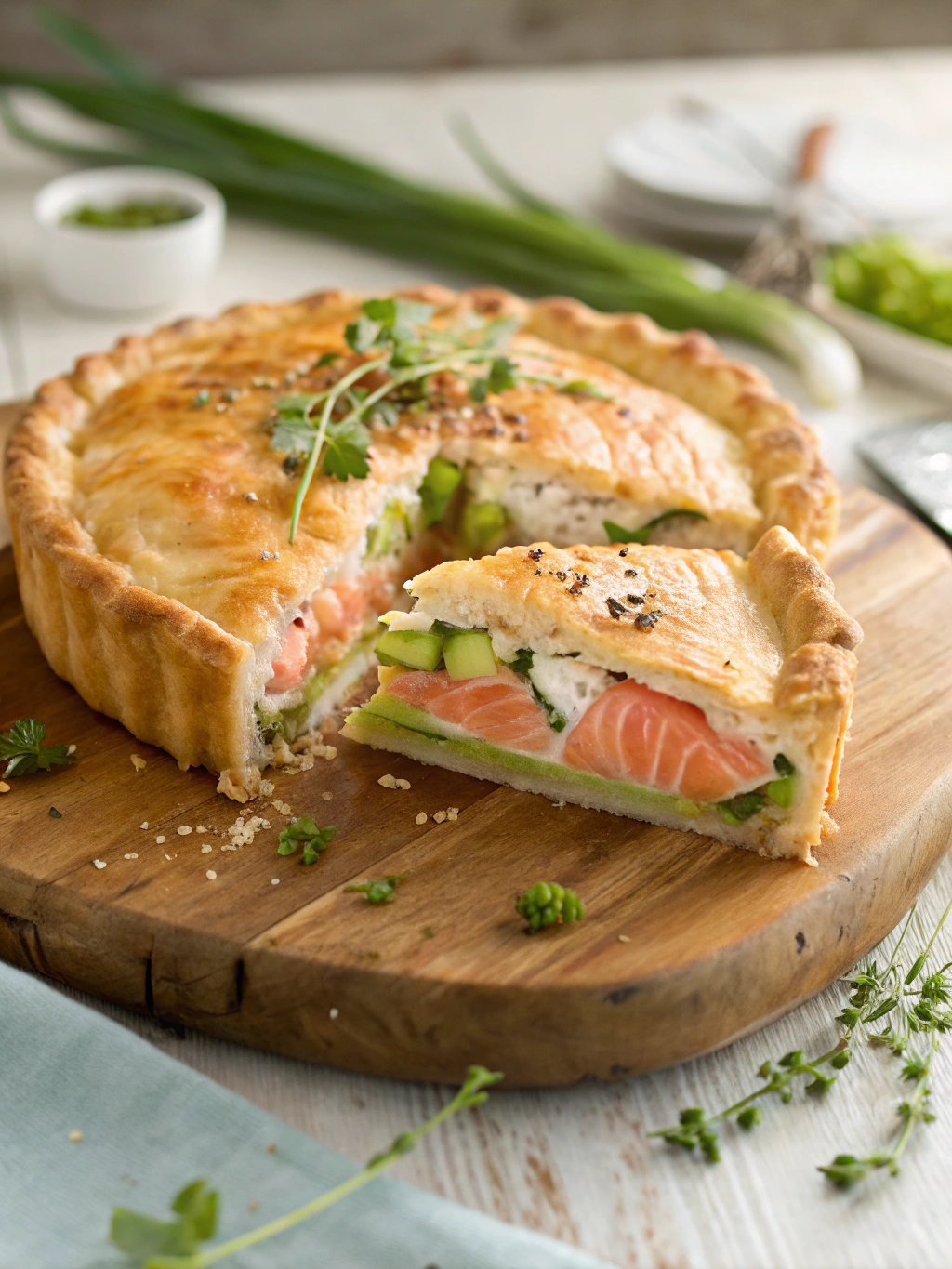 Craquez pour cette tourte saumon poireau, garnie de saumon fondant et de poireaux mijotés, le tout enrobé d’une pâte feuilletée croustillante.