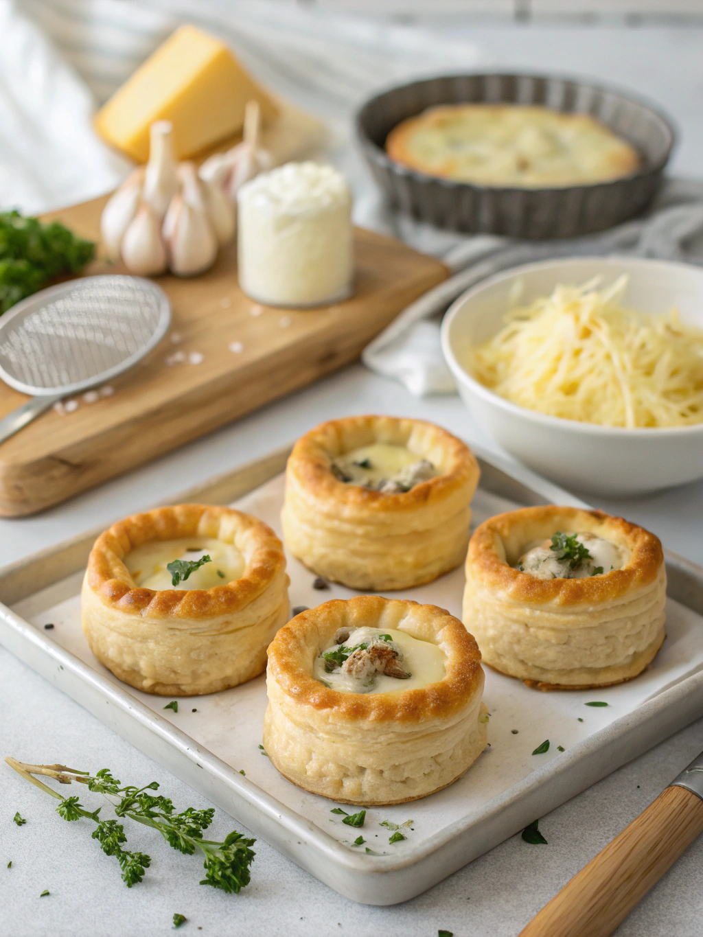 Découvrez notre recette de vol au vent fromage, garni d'une généreuse béchamel au comté et emmental, gratiné au four pour un cœur fondant et savoureux.