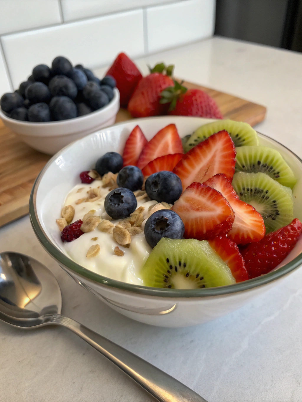 Savourez ce yaourt fruits diabétique maison, agrémenté de fraises et framboises fraîches, servi bien frais pour une pause légère et gourmande
