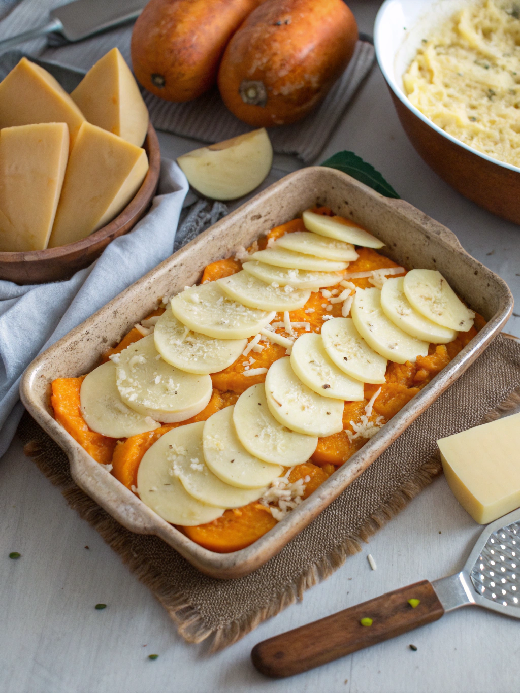 Montage des couches pour la tartiflette au butternut