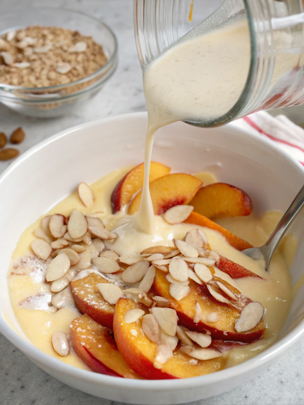 Mélange des ingrédients secs pour le gratin pêches amandes