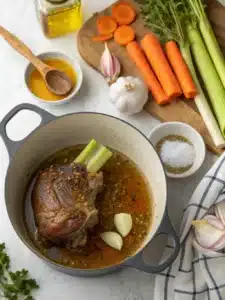 Jarret agneau rôti mijoté au vin blanc avec carottes fondantes et aromates, servi bien chaud pour un plat généreux et réconfortant.