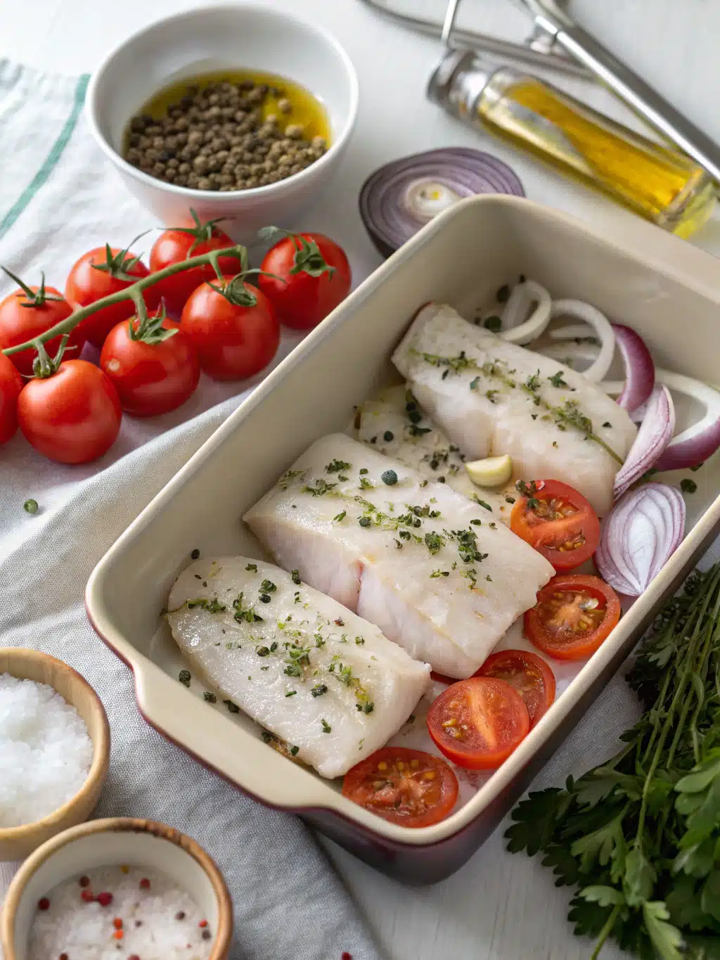 Poisson au four avec légumes avant cuisson