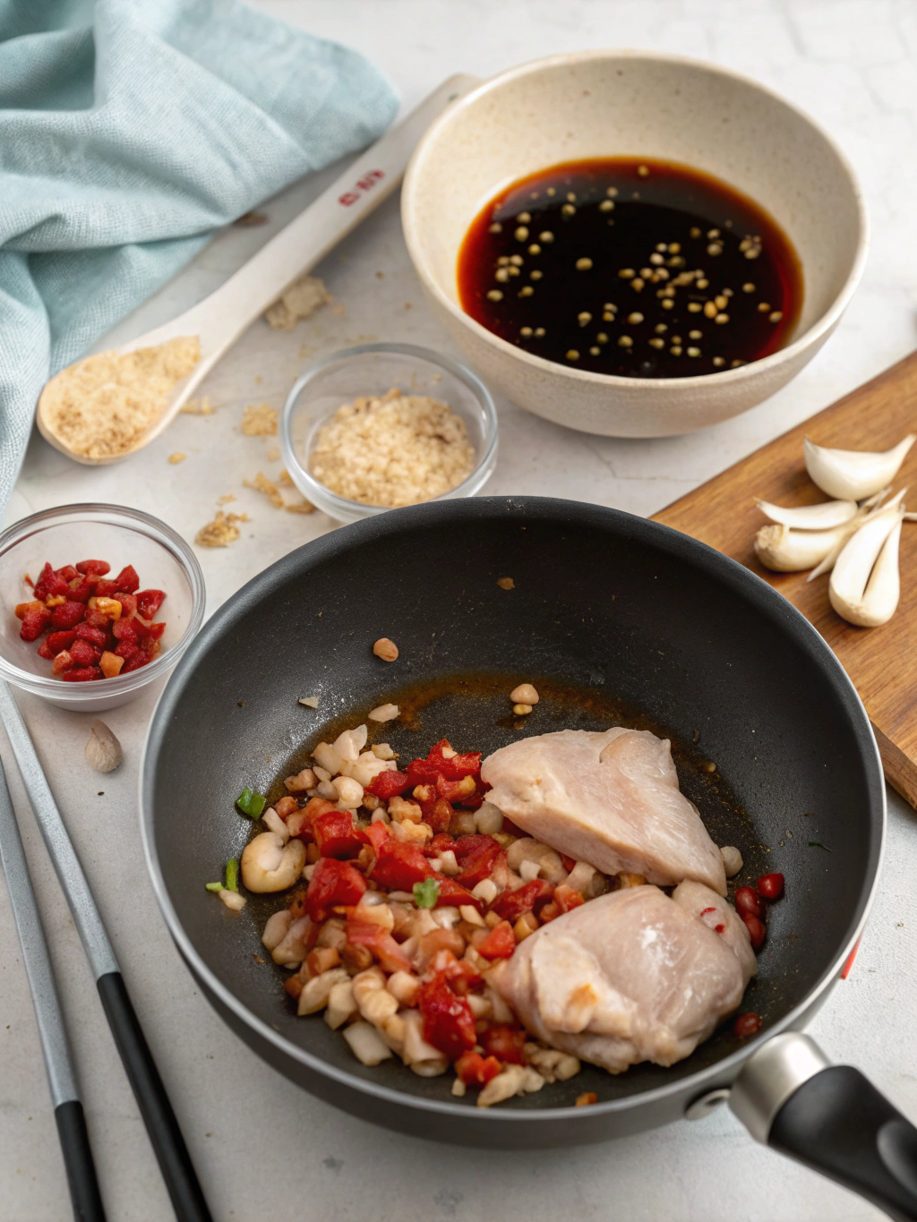 Préparation de la sauce pour le poulet thai basilic