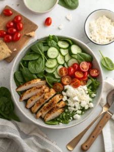 Savourez une salade diabétique équilibrée avec filet de poulet grillé, jeunes pousses d’épinards et feta allégée, servie avec une vinaigrette légère.