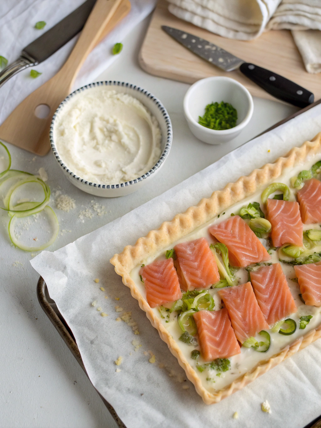Assemblage de la tourte poireau saumon avant cuisson
