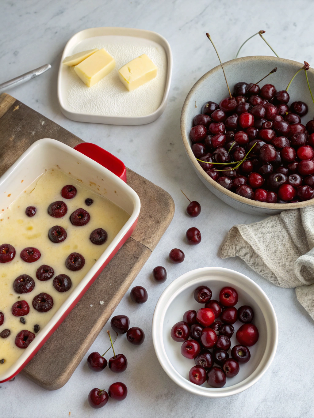 Étape de préparation du clafoutis cerise diabetique avec les cerises disposées dans le moule
