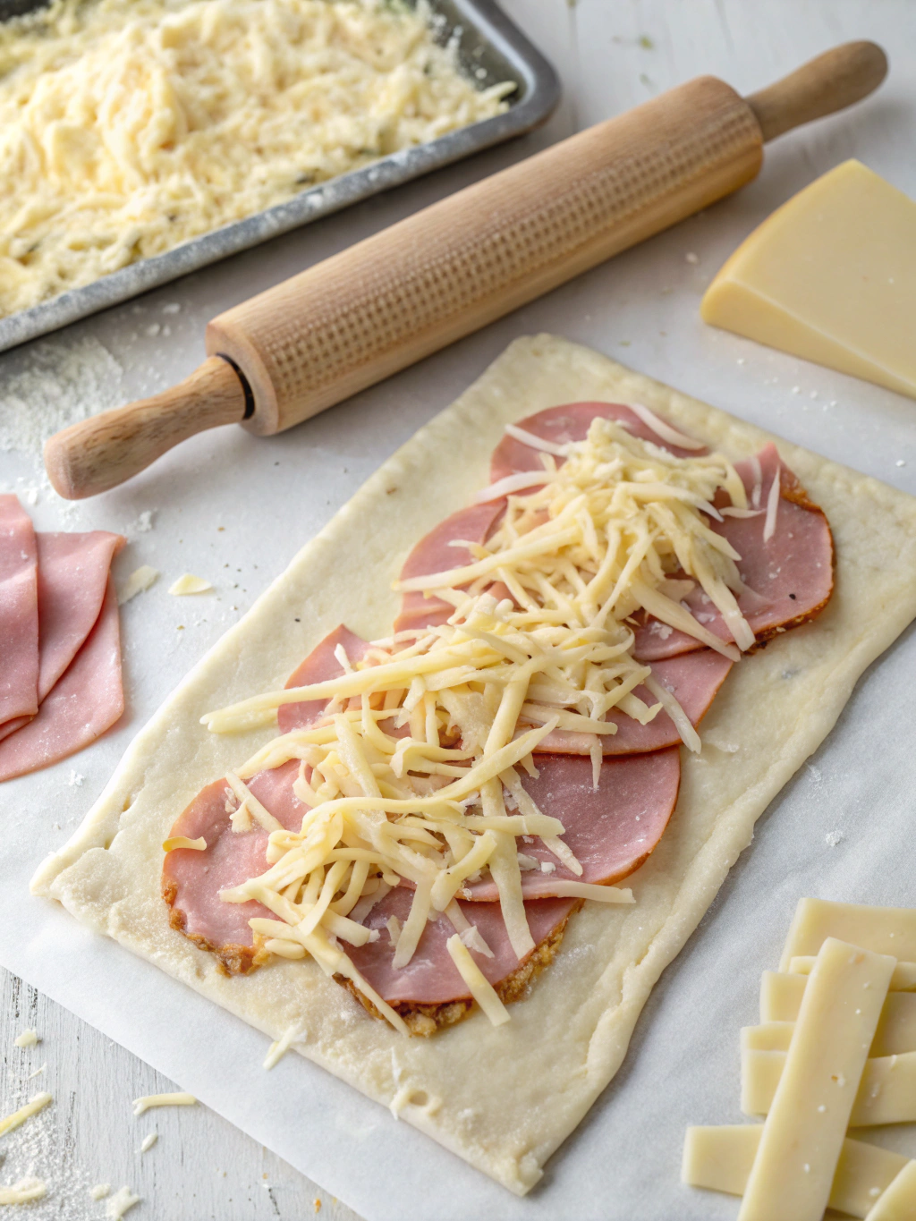 Étapes de préparation d'un feuilleté jambon fromage croustillant