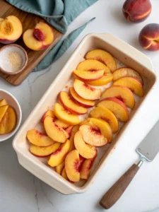 Ce gratin pêches amandes associe des pêches jaunes fondantes et des amandes effilées, servi tiède pour un dessert gourmand et facile à réaliser.