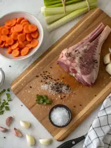 Jarret agneau rôti mijoté au vin blanc avec carottes fondantes et aromates, servi bien chaud pour un plat généreux et réconfortant.