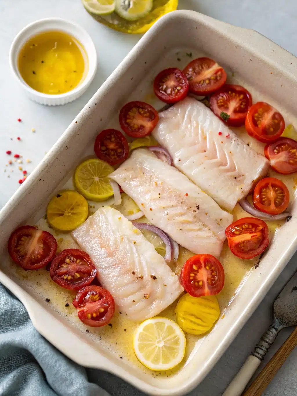 Filets de poisson disposés dans un plat pour la cuisson au four
