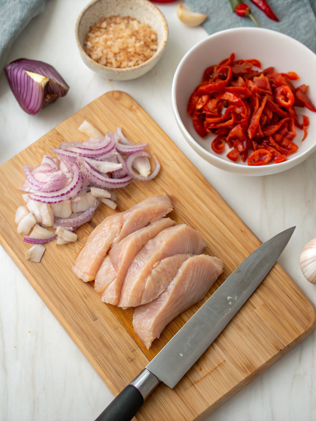 Étapes de préparation du poulet thai basilic dans un wok