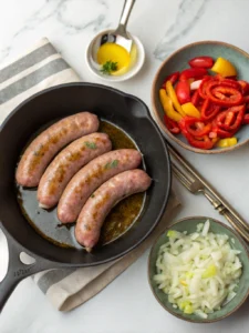Un plat de saucisse poivron oignon mijoté avec des légumes fondants, parfait à savourer chaud avec du riz ou du pain croustillant.