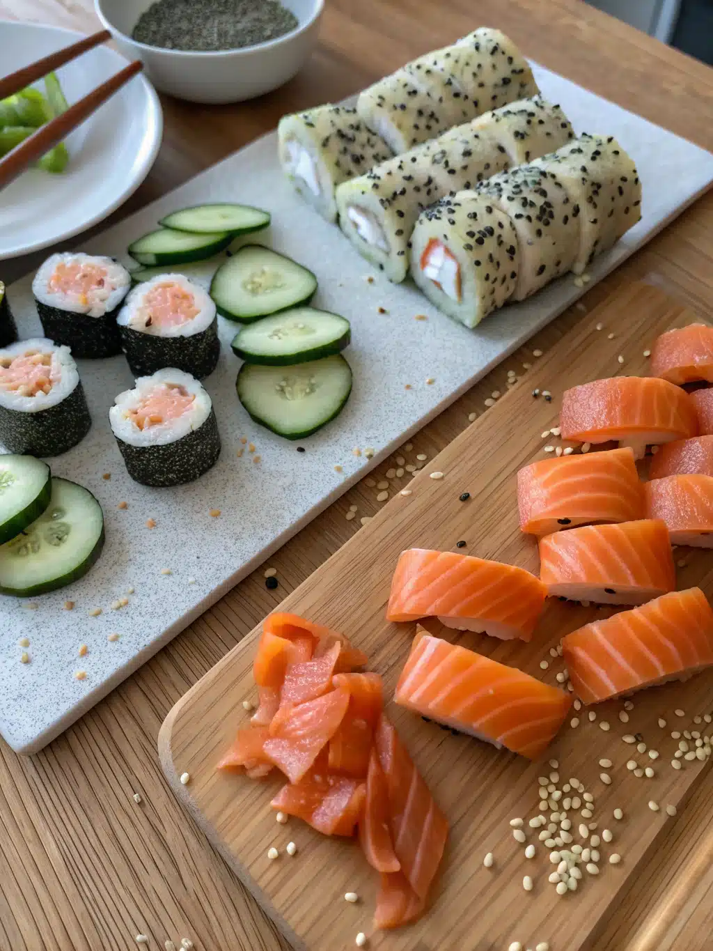 Bouchées apéro froides présentées sur rondelles de concombre