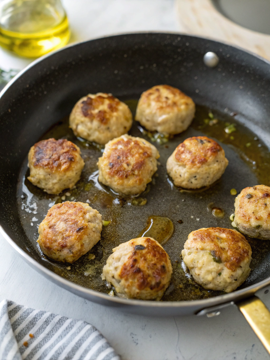 Des boulettes poulet riz moelleuses, dorées à la poêle, parfaites avec une sauce tomate maison pour un repas simple et savoureux.