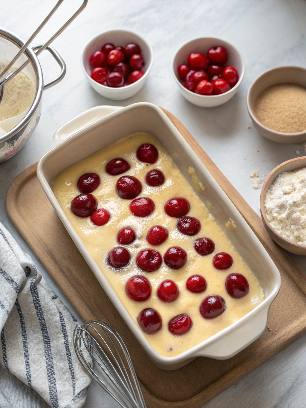 Savourez un clafoutis sans sucre aux cerises fraîches, doré au four et délicieusement parfumé à la vanille pour un dessert léger et gourmand.