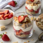 Un dessert fraise diabétique léger et gourmand avec du fromage blanc fouetté et des fraises marinées, servi en verrine pour un plaisir sans sucre ajouté.