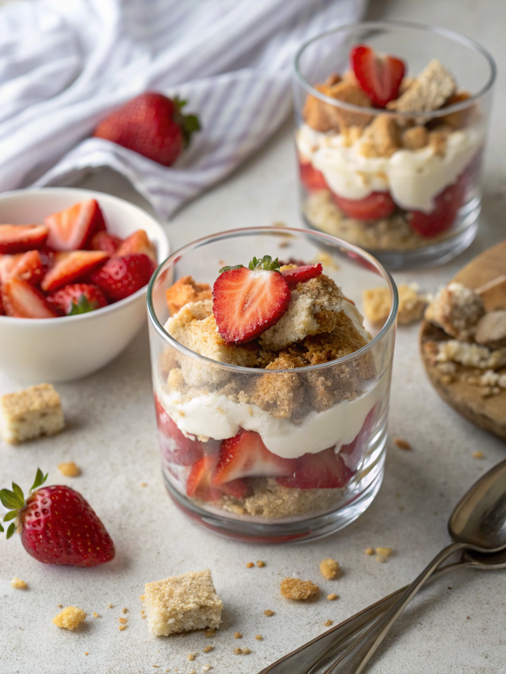 Un dessert fraise diabétique léger et gourmand avec du fromage blanc fouetté et des fraises marinées, servi en verrine pour un plaisir sans sucre ajouté.