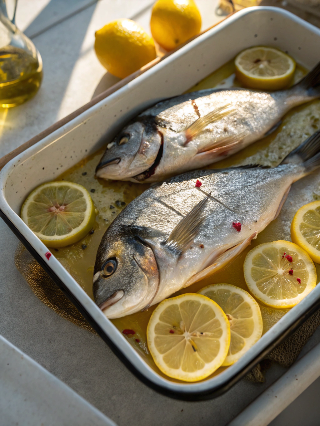 Dorade au citron sortie du four, dorée et parfumée