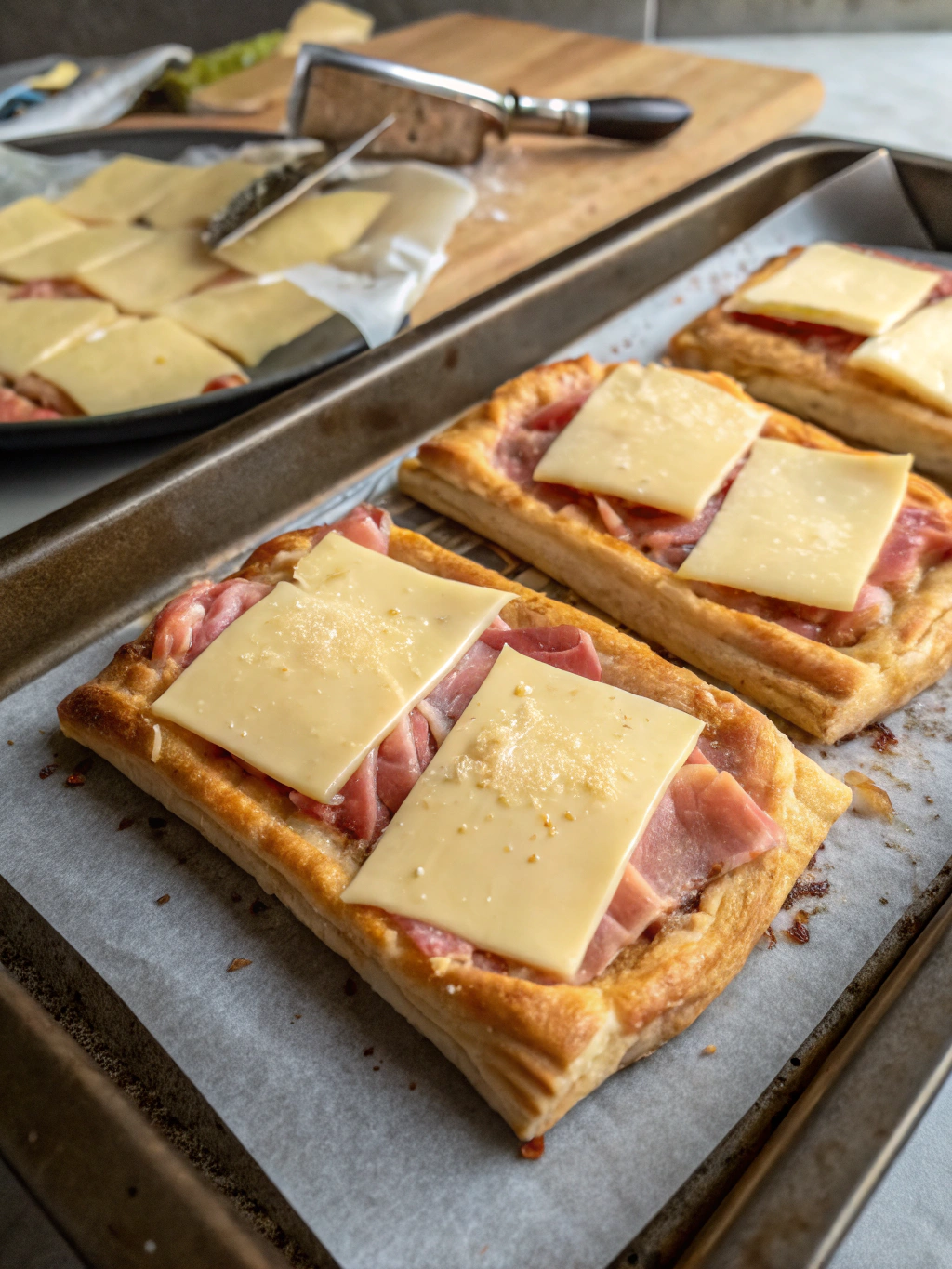 Découvrez notre feuilleté jambon fromage à l’emmental râpé, gratiné au four pour un résultat croustillant et fondant à souhait.