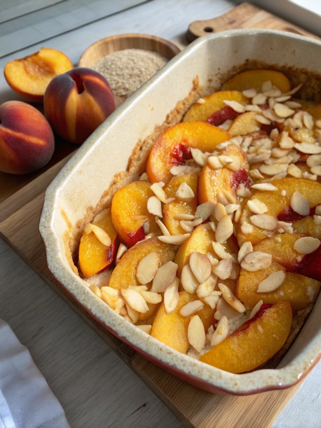Ce gratin pêches amandes associe des pêches jaunes fondantes et des amandes effilées, servi tiède pour un dessert gourmand et facile à réaliser.