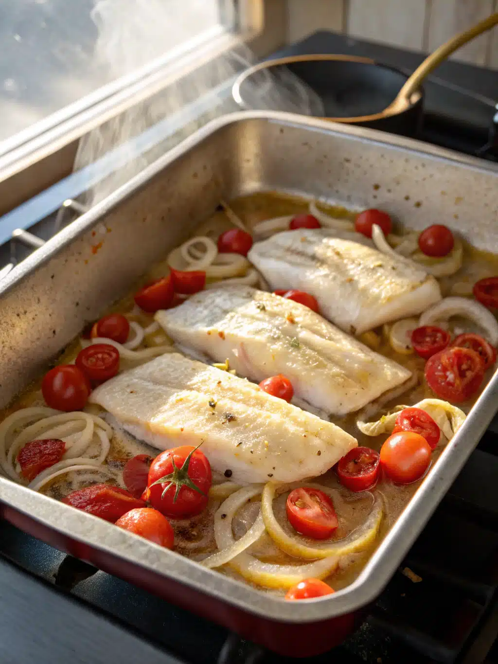 Ce poisson au four associe cabillaud tendre, tomates cerises et herbes de Provence, servi chaud avec du riz ou des légumes vapeur.