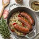 Un plat de saucisse poivron oignon mijoté avec des légumes fondants, parfait à savourer chaud avec du riz ou du pain croustillant.