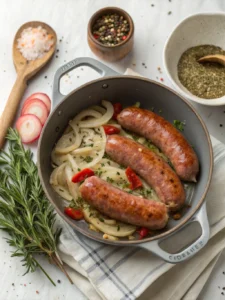 Un plat de saucisse poivron oignon mijoté avec des légumes fondants, parfait à savourer chaud avec du riz ou du pain croustillant.