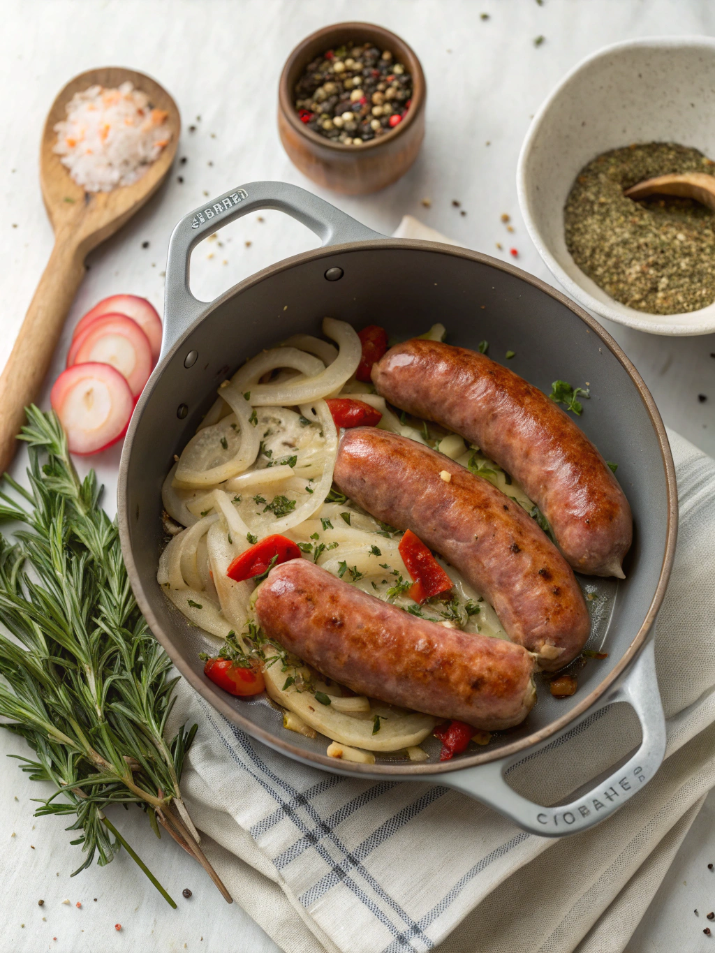 Un plat de saucisse poivron oignon mijoté avec des légumes fondants, parfait à savourer chaud avec du riz ou du pain croustillant.