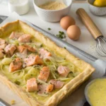 Craquez pour cette tourte saumon poireau, garnie de saumon fondant et de poireaux mijotés, le tout enrobé d’une pâte feuilletée croustillante.