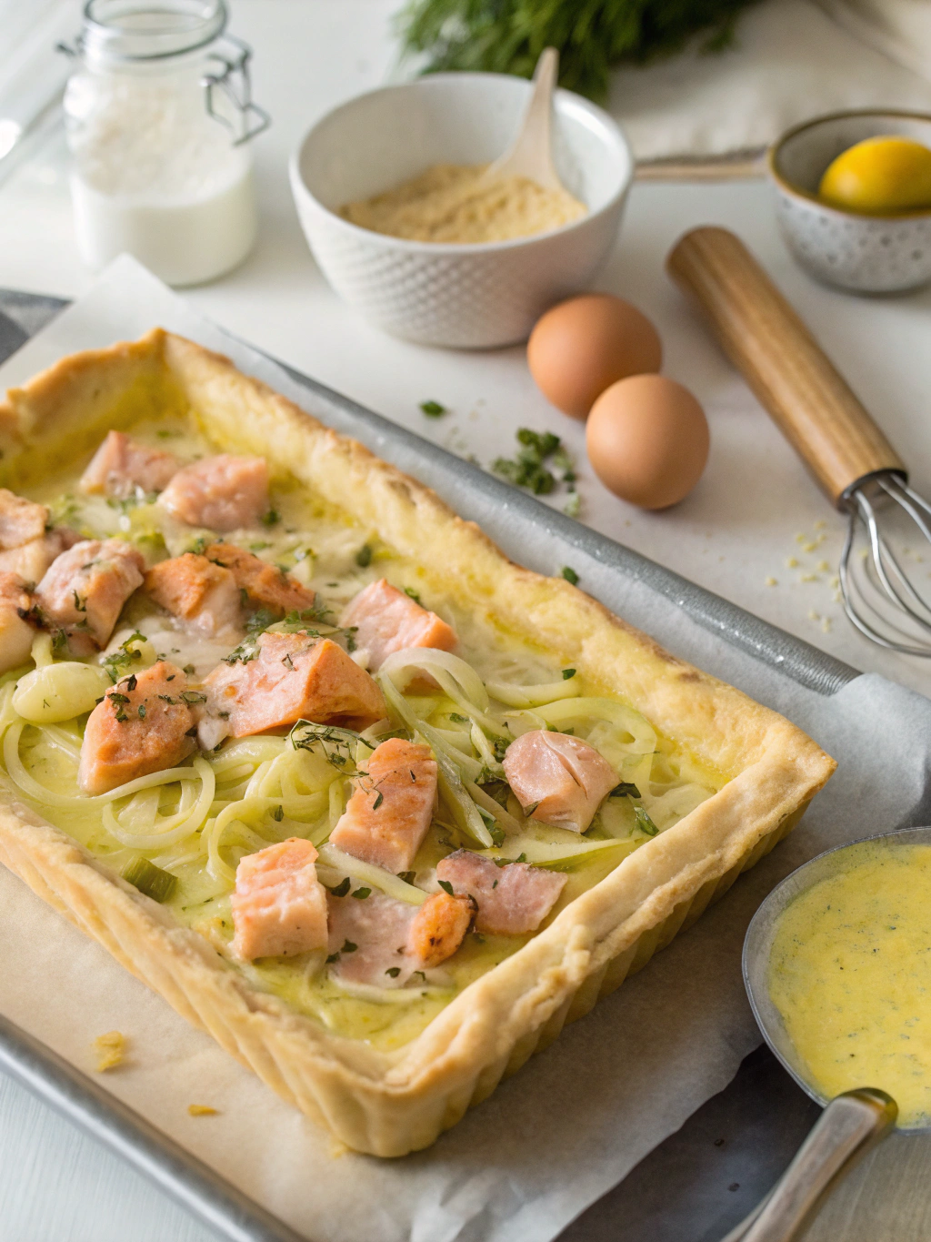 Craquez pour cette tourte saumon poireau, garnie de saumon fondant et de poireaux mijotés, le tout enrobé d’une pâte feuilletée croustillante.