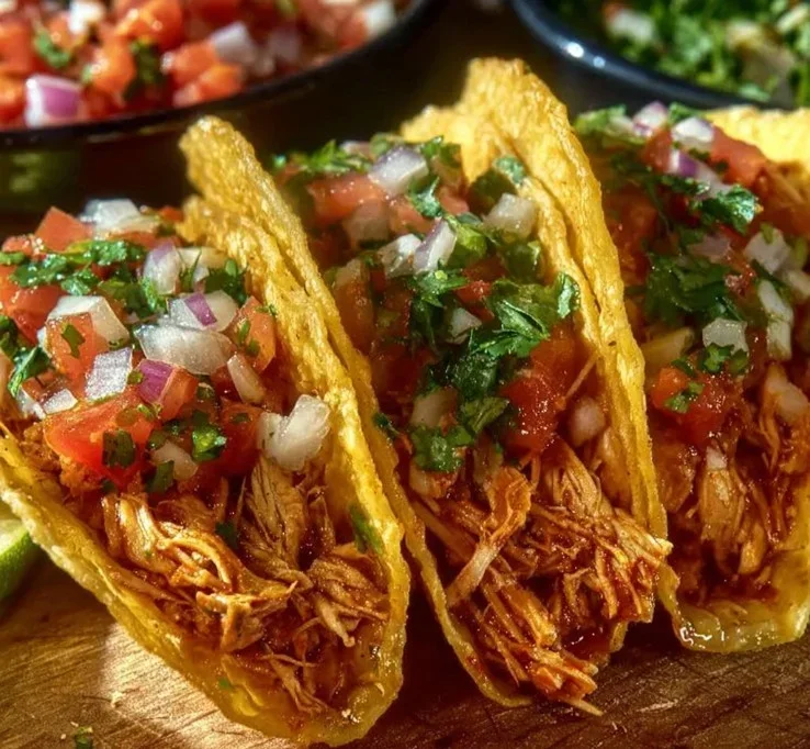 raw chicken breasts with salsa and taco seasoning in crockpot ready to cook